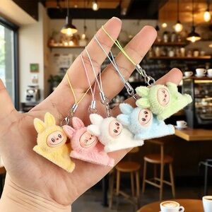 8PCs Mini Yoga Labubu Fuzzy Bunny Phone Charm Keychain Set-Great Gift for girls